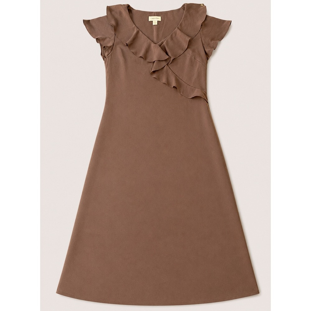 Chadwicks Brown Ruffle V-Neck Midi Dress Flutter Sleeve A-Line Size 14 Brown